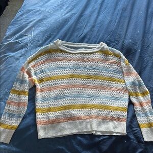 SHEIN Yellow and White Striped Crew Neck Sweater